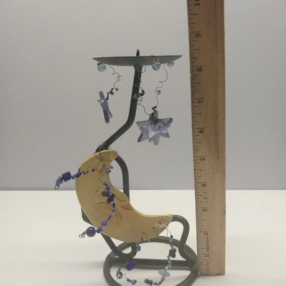 Handmade Celestial Moon Star Pillar Candle Holder Beaded Metal Wood Art 8.5